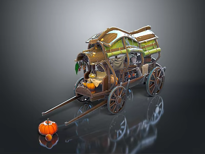 Decorative Pumpkin Cart With Detailed Wheels Green Decor And Small Pumpkin 3d model