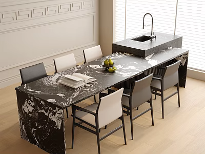 Modern Marble Dining Table and Chair Set With Fruit Bowl Book And Kitchen Island 3d model