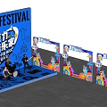 Rock Festival Live Band Performance On Blue Stage With Musical Instruments