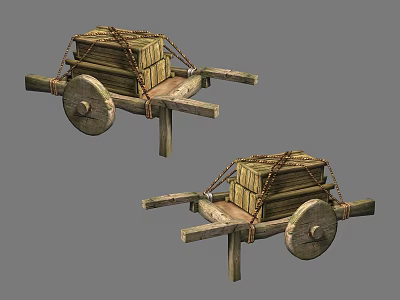 Vintage Wooden Car With Cargo Boxes And Chain Bindings On Wheels 3d model