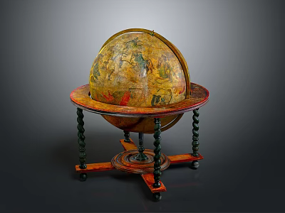 Antique Decorative Painted Globe On Carved Wooden Stand With Twisted Legs 3d model