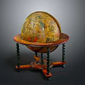 Antique Decorative Painted Globe On Carved Wooden Stand With Twisted Legs