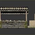 Wooden Outdoor Structure with Rustic Roof Firewood Stack Brick Oven and Bench