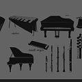 Black And White Silhouette Collection Of Various Musical Instruments Including Piano Harp Flute And Mandolin