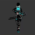 Cyberpunk Female Warrior in Futuristic Black and Teal Armored Suit Wearing Helmet Holding Twin Katanas