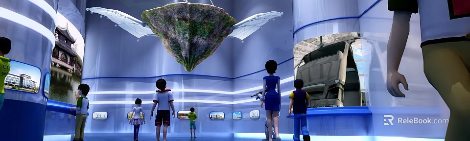 Cartoon Scene Of Children Watching Giant Green Pterosaur Model With Display Screens 3d model 