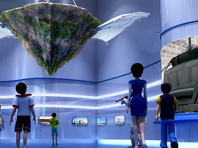 Cartoon Scene Of Children Watching Giant Green Pterosaur Model With Display Screens 3d model