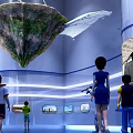 Cartoon Scene Of Children Watching Giant Green Pterosaur Model With Display Screens