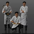 Three Professional Chefs In White Uniforms Crouching Holding Plate Standing With Wok And Arms Crossed