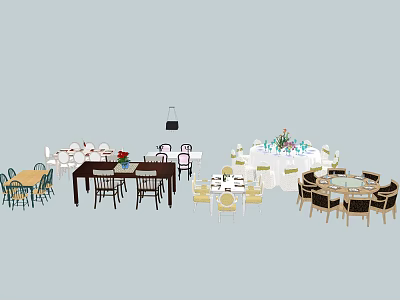 Versatile Dining Table Set Combination With Various Chairs Decorations And Hanging Lamp 3d model