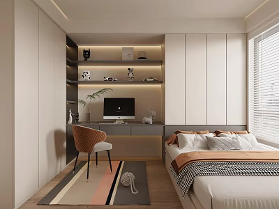Modern Tatami Bedroom Interior with Bed Built-in Desk Computer Chair Area Rug and Window Blinds 3d model