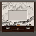 Wooden TV Stand With Storage Drawers And Decorative Lamps Under Mounted TV On Marble Wall