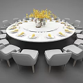 Round Dining Table Set with Gray Chairs Yellow Flower Bouquet and White Tableware 3d model