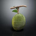 Fresh Durian Fruit With Spiky Green Exterior And Wooden Stem On Dark Background