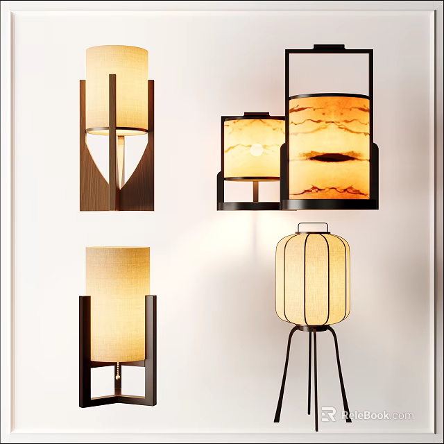Modern Table Lamps with Wooden Frames Fabric Shades Various Styles Home Decor Ideas 3d model 