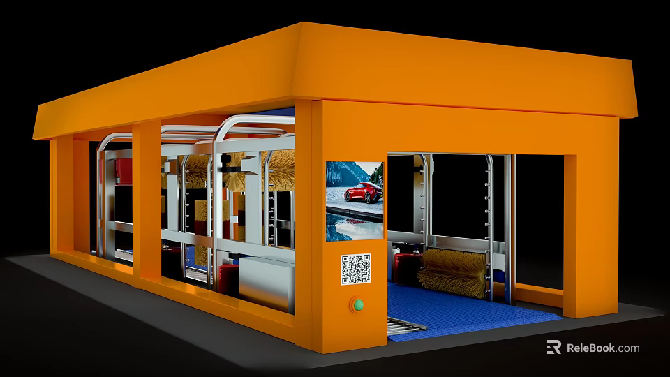 Orange Exterior 4S Car Dealership With Glass Doors Car Wash Equipment And Vehicle 3d model 