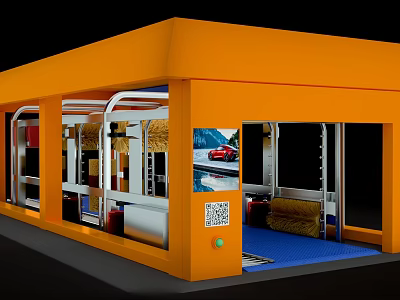Orange Exterior 4S Car Dealership With Glass Doors Car Wash Equipment And Vehicle 3d model