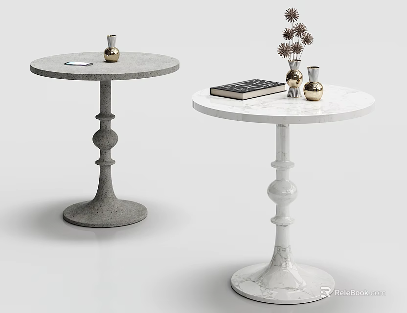 Grey Concrete and White Marble Round Tables with Ball Shaped Bases and Decorative Items 3d model 