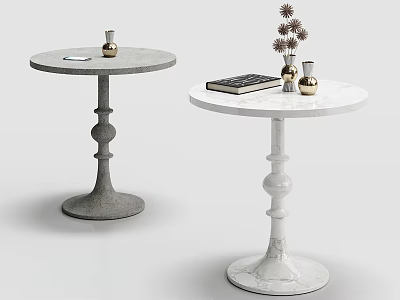 Grey Concrete and White Marble Round Tables with Ball Shaped Bases and Decorative Items 3d model
