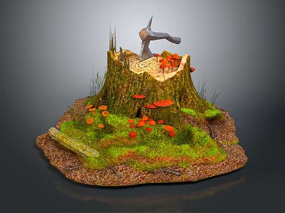Natural Tree Stump With Orange Mushrooms Green Moss And Fallen Leaves 3d model
