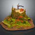 Natural Tree Stump With Orange Mushrooms Green Moss And Fallen Leaves