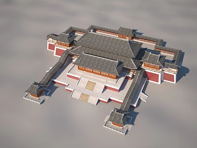 Ancient Chinese Architecture With Traditional Roof Overhanging Eaves Symmetrical Layout Red Walls White Base 3d model