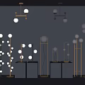 Modern Pendant and Floor Lamp Combination With Golden Stands White Spherical Bulbs and Black Bases