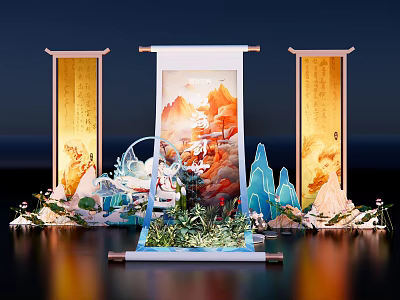 Chinese Style Art Installation Featuring Landscape Painting Side Scrolls Blue Mountain Peaks And Green Plants 3d model