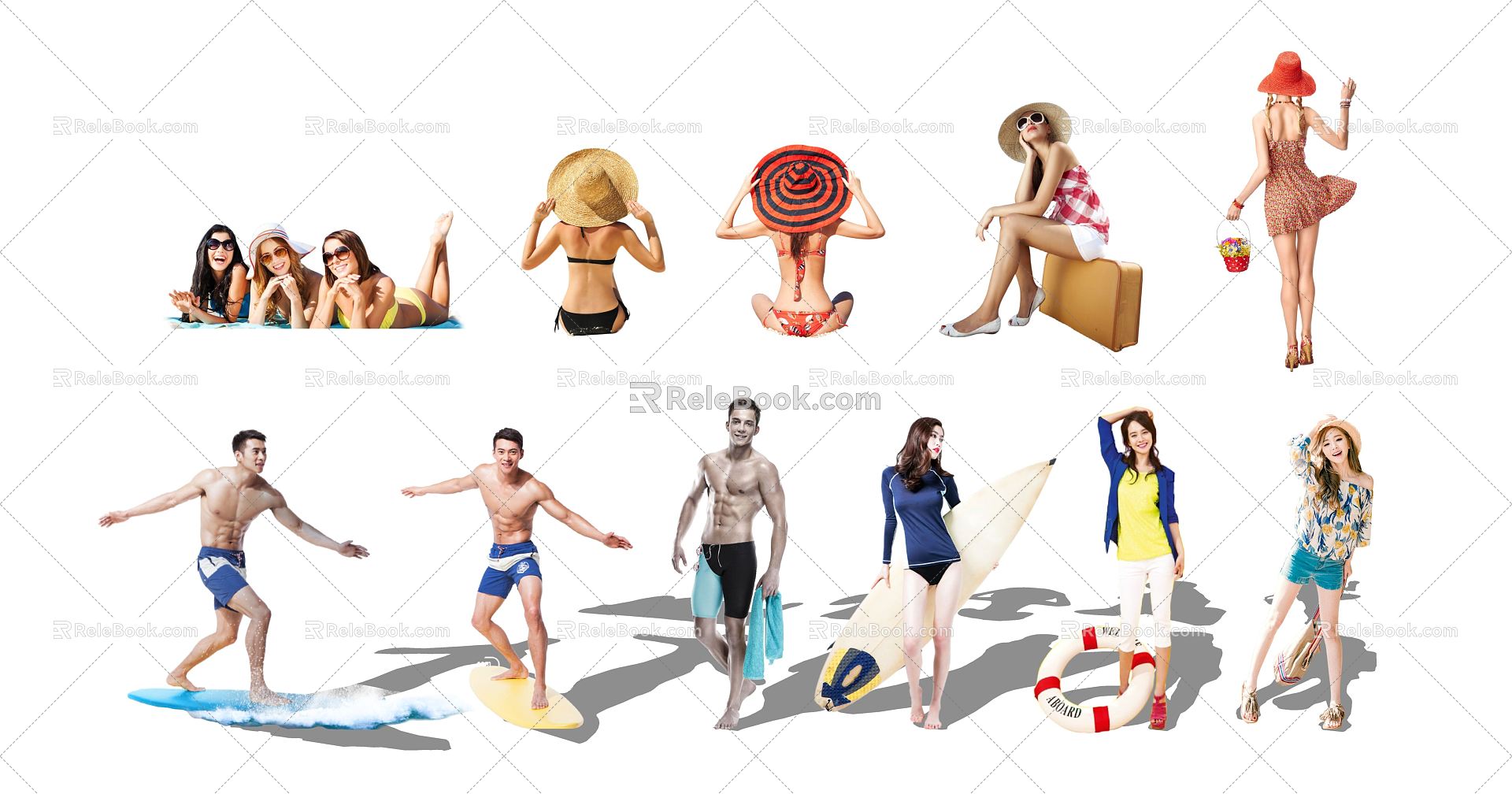 Modern Multiplayer Beach Beach Bikini Figure Surfing 3d model