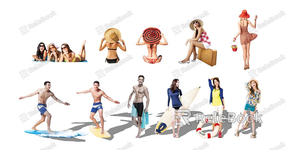 Modern Multiplayer Beach Beach Bikini Figure Surfing model