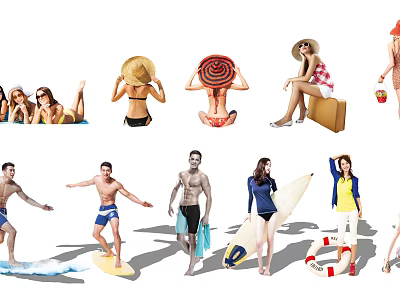 Group of People Enjoying Various Beach Activities Like Swimming Surfing and Carrying Luggage 3d model