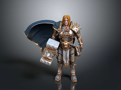 Golden Haired Warrior In Ornate Armor With Blue Cape And Hammer Weapon 3d model