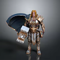 Golden Haired Warrior In Ornate Armor With Blue Cape And Hammer Weapon
