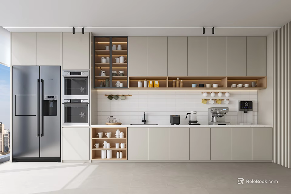 Modern Pantry Interior With Light Colored Cabinets Open Shelves Coffee Machine Sink And Mugs 3d model 