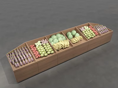 Wooden Retail Display Shelf with Fresh Fruits and Vegetables in Divided Compartments 3d model