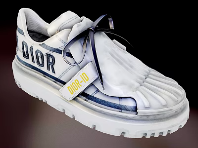 White Dior Shoes With Blue Ribbon Laces And Pleated Design Thick Sole 3d model
