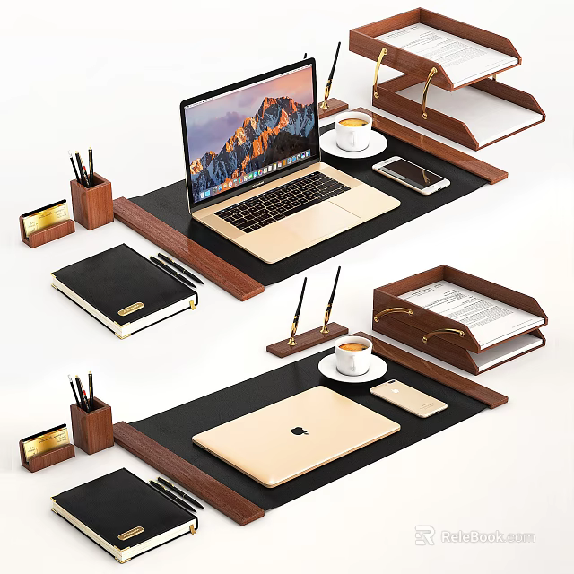 Modern Laptop Office Desktop Setup With Notebook Phone Coffee Cup And Accessories 3d model 