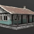 Rustic Cottage Exterior With Red Tile Roof Light Blue White Walls Porch Columns And Chimney