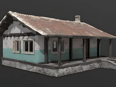 Rustic Cottage Exterior With Red Tile Roof Light Blue White Walls Porch Columns And Chimney 3d model