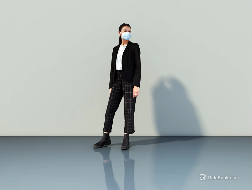 Man In Black Blazer White Shirt Plaid Pants Wearing Mask Standing On Shiny Floor 3d model 