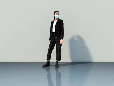 Man In Black Blazer White Shirt Plaid Pants Wearing Mask Standing On Shiny Floor 3d model
