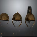 Three Golden Historical Military Helmets with Black Plume Decoration