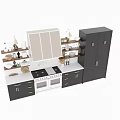 Modern Kitchen Interior With Black Cabinets White Countertop Oven Wooden Shelves And Mirror