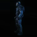 Man in full protective suit with helmet and breathing apparatus standing against dark background