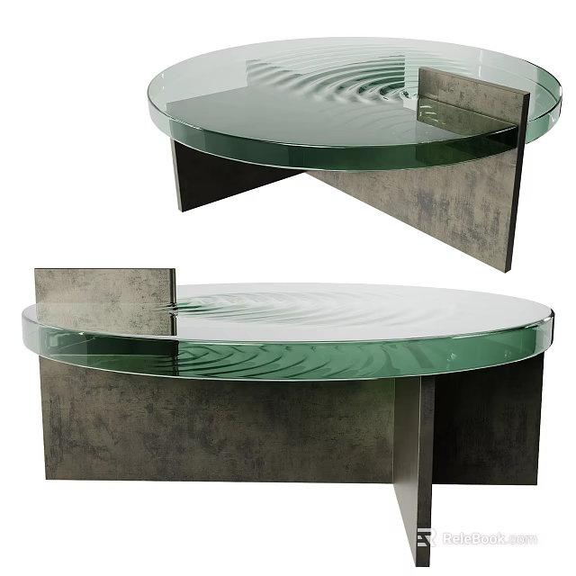 Modern Coffee Table With Round Green Glass Top And Asymmetric Concrete Metal Base 3d model 