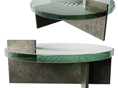 Modern Coffee Table With Round Green Glass Top And Asymmetric Concrete Metal Base 3d model