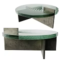 Modern Coffee Table With Round Green Glass Top And Asymmetric Concrete Metal Base