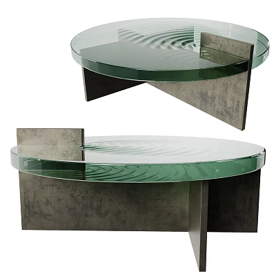 Modern Coffee Table With Round Green Glass Top And Asymmetric Concrete Metal Base 3d model
