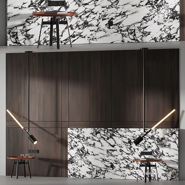 Elegant Wall Decor With Marble Pattern Dark Wood Paneling And Hanging Lights 3d model