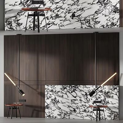 Elegant Wall Decor With Marble Pattern Dark Wood Paneling And Hanging Lights 3d model